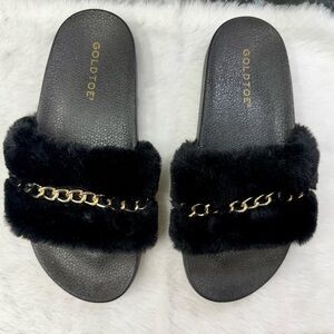 Gold Toe Black Fur Slide Sandals